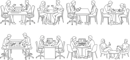 Obraz premium Business Meeting and Interview Outline Vector Collection with Office Consultation, Team Discussion, and Workplace Communication Scenes