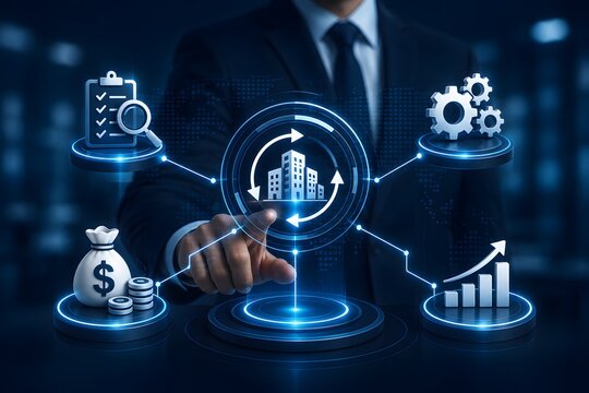Business restructuring strategy glowing interface touched by executive