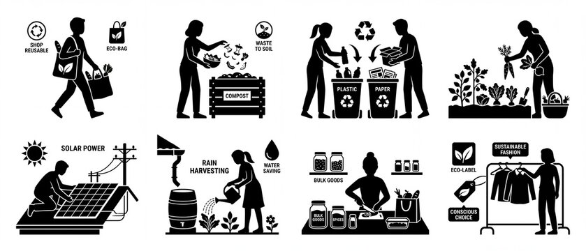 Set of sustainable lifestyle icons illustrating eco-friendly practices like recycling composting and renewable energy for environmental design projects