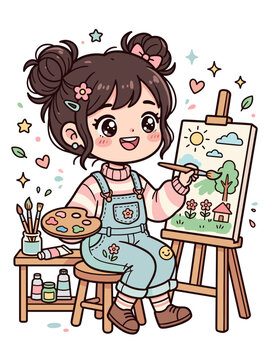 Cute Kid Artist Painting a Cheerful Landscape Scene on Canvas