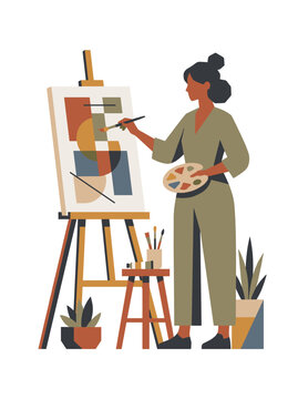Artist Painting Abstract Art on Easel with Palette and Brushes