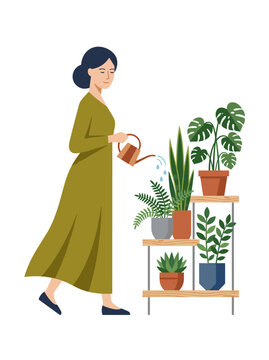 Woman Watering Houseplants Creates Peaceful Home Environment