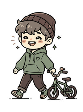 Happy Boy Walking with Bicycle Kid Friendly Outdoor Fun