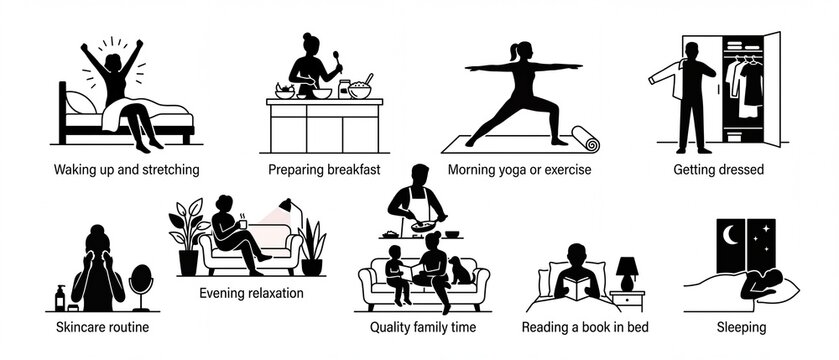 Daily routine icons set depicting morning yoga breakfast getting dressed and evening relaxation vector illustrations for lifestyle concepts