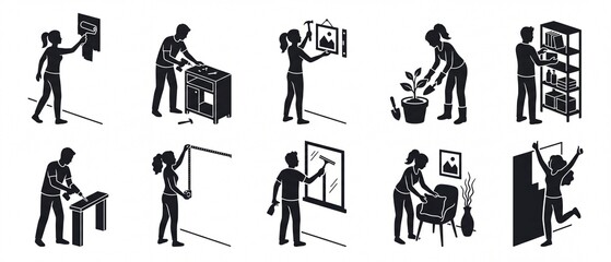 Obraz premium Collection of simple silhouette icons depicting home organization and cleaning tasks perfect for DIY guides and lifestyle concepts