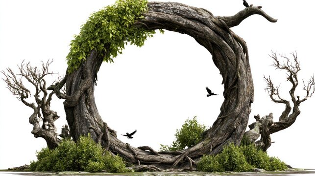 Circular root archway on grass with birds flying