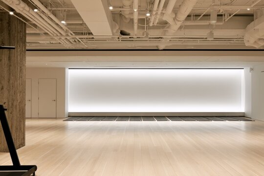 Spacious empty dance studio with wooden floor and lights.