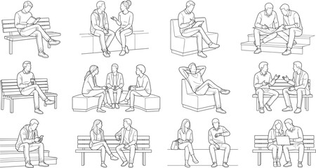 Obraz premium Business People Outline Character Collection with Sitting Reading Meeting Working and Conversation Poses Line Art Vector Set