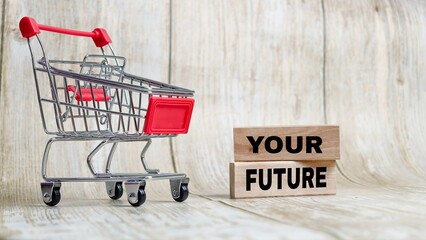 Miniature shopping cart next to wooden blocks reading YOUR FUTURE on a wooden background. © FaizAhmad