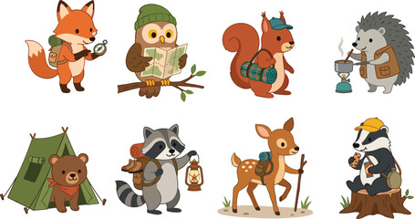 Obraz premium Cute Woodland Animals Camping Set Vector Illustration Featuring Cute Fox, Owl, Squirrel, Hedgehog, Bear, Raccoon, Deer, and Badger