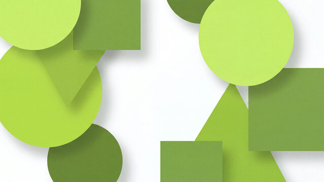 Geometric shapes including circles squares and triangles in varying shades of green are arranged on a white background with copy space.