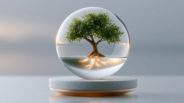 Sustainable business growth tree glass sphere floating platform symbolizing hopeful progress for green finance