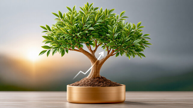Sustainable business growth tree symbol sunrise light wooden table for eco finance strategy concept nature