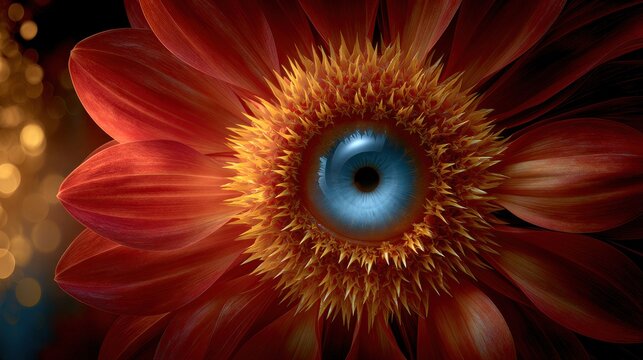 Surreal red flower with an integrated blue eye.