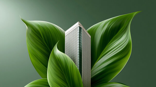 Sustainable business growth green leaf skyscraper office ecology architecture building symbolize profit