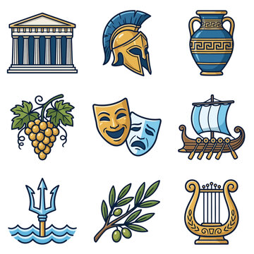 Flat vector icon set of Ancient Greek symbols including a temple, Spartan helmet, amphora vase, grapes, theater masks, trireme ship, trident, olive branch, and musical lyre instrument.