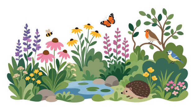 Colorful garden wildlife scene with flowers and animals.