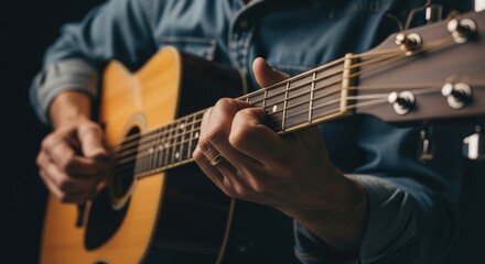 Obraz premium Close-up of a person playing an acoustic guitar with focus on hands and strings.