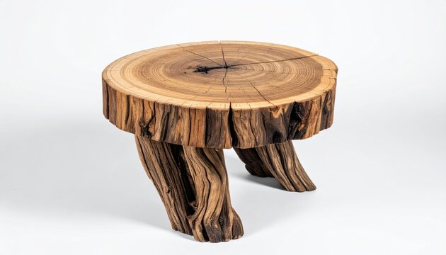 Rustic wooden stool with three gnarled legs and a sliced log top