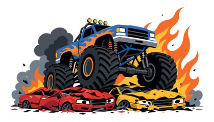 Massive blue monster truck with oversized tires. © Kai_