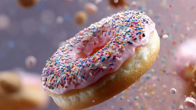 Close up of a pink frosted donut with colorful sprinkles in motion