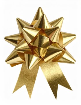 A star-shaped metallic gold gift bow with trailing ribbons