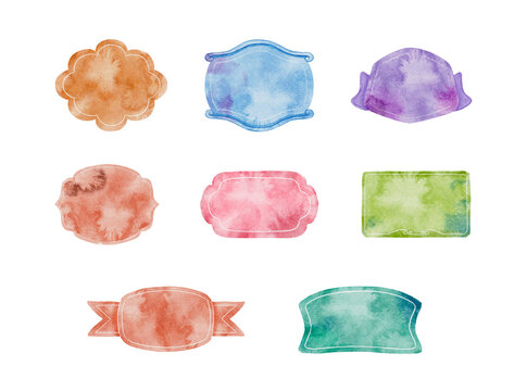 A collection of hand-painted watercolor label badges featuring decorative frames, blank tags, vintage shapes, pastel colors, and elegant badge elements for branding, packaging, invitations, and