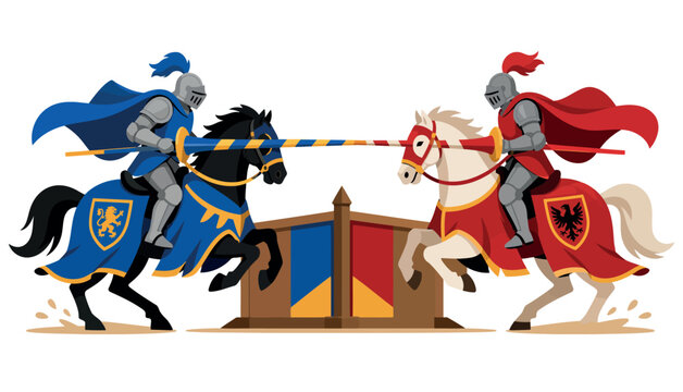 Medieval knights jousting on horseback in armor.