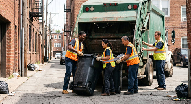 Diverse sanitation workers emptying heavy bins into garbage truck.