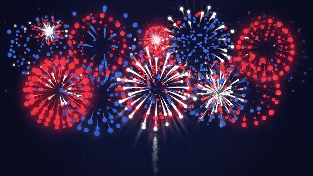 Red blue and white fireworks exploding in night sky