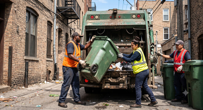 Diverse sanitation workers emptying heavy bins into garbage truck.
