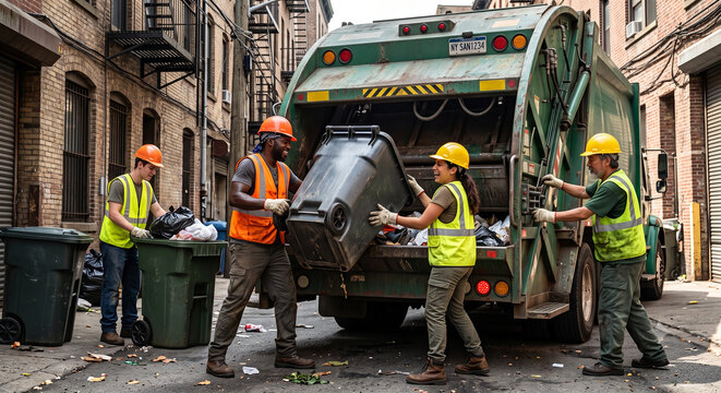 Diverse sanitation workers emptying heavy bins into garbage truck.