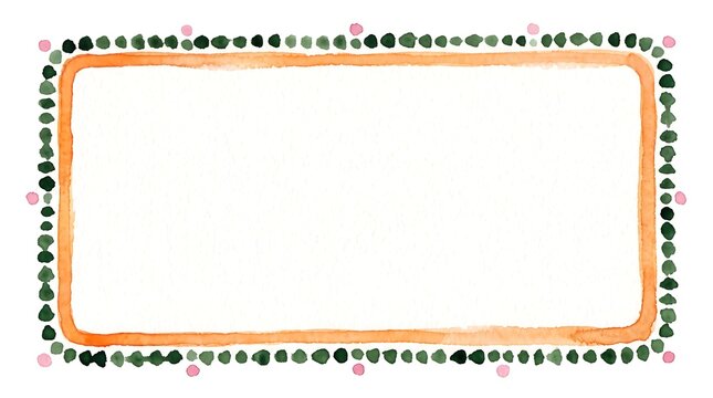 A watercolor-style rectangular frame with rounded corners, featuring an orange inner border and an outer border of green and pink dots on a white background.