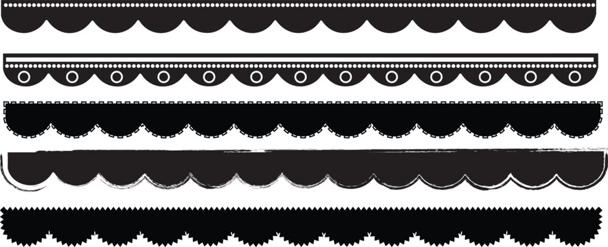 Black and white border.Scalloped edge seamless set. borders and dividers.Repeat cute vintage frill ornament. Texture ribbons. Vector illustration isolated on white background.Simple scalloped border. 