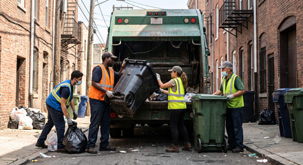Fototapeta premium Diverse sanitation workers emptying heavy bins into garbage truck.