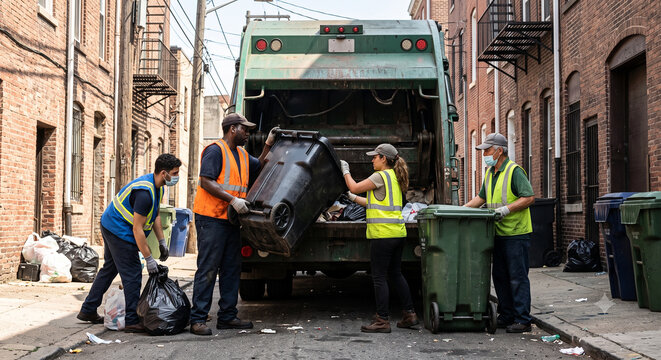 Diverse sanitation workers emptying heavy bins into garbage truck.