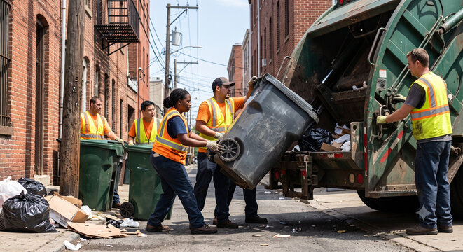 Diverse sanitation workers emptying heavy bins into garbage truck.