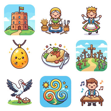 Kawaii Lithuanian culture sticker set featuring Gediminas Tower, Hill of Crosses, amber pendant, white stork, folk dancer, kankles player, traditional food, weaver, and Baltic symbols.