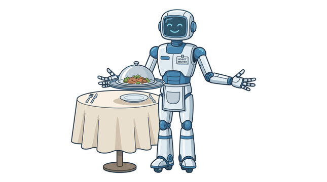 Robotic waiter serving dinner at a restaurant table.