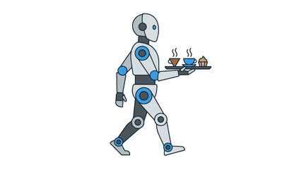 Fototapeta premium Humanoid robot waiter serving coffee and breakfast on tray.
