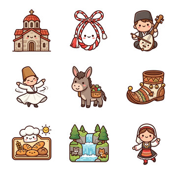 Kawaii Balkan cultural icons set featuring an Orthodox church, Martenitsa tassel, gusle player, whirling dervish, donkey, folk shoe, bakery, forest waterfall, and folk dancer.