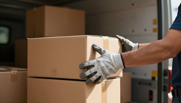 A mover wearing gloves lifts a brown cardboard box, placing it onto a stack of other boxes inside a truck.