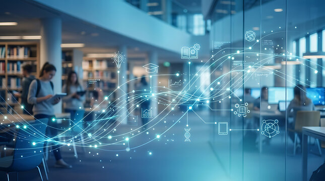 Smart learning network in modern library. Digital education technology with data connection.