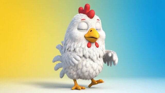 Cute 3d white chicken character dancing and flapping wings