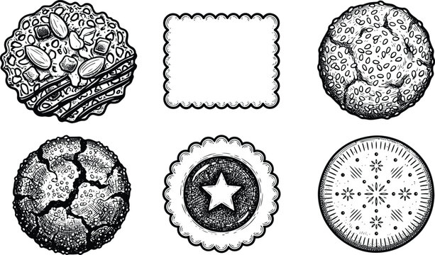 Vintage engraved assorted cookies and biscuits collection isolated on white background vector illustration