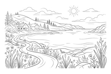 Fototapeta premium Country landscape with lake houses trees and sun vector illustration.