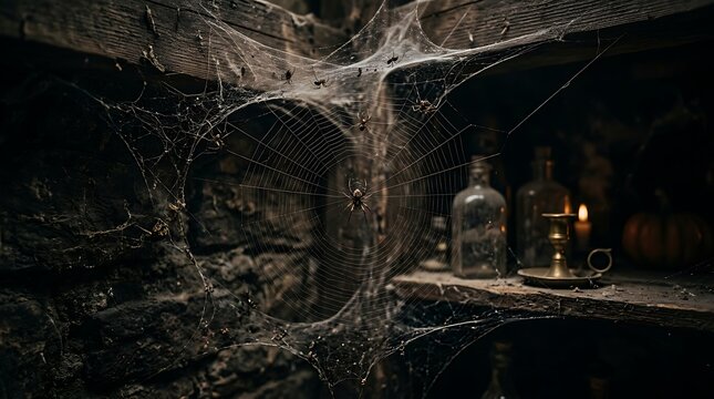 Dark abandoned basement with dripping water and cobwebs. Spooky underground cellar featuring eerie lighting and decaying walls.