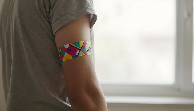 A man displays a colorful bandage on his arm, symbolizing immunization and awareness for National Immunization Awareness Month