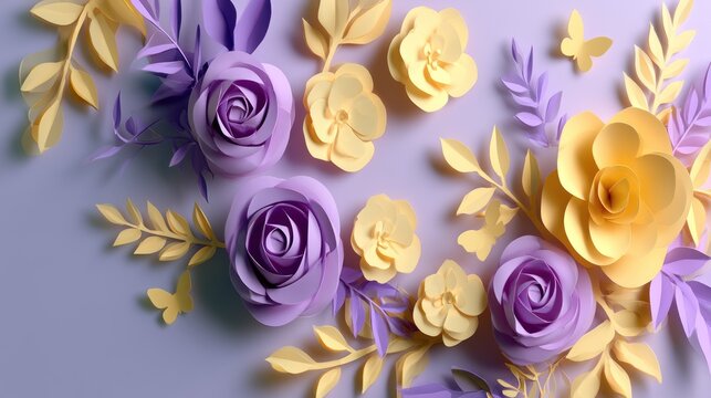 Purple and yellow paper craft flower arrangement.