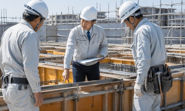 建設現場で型枠工事の施工状況を確認する設計者と作業員